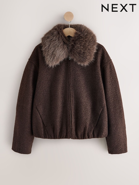 Marrón chocolate - Coatigan Bomber Jacket with Detachable Faux Fur Collar (W36044) | 55 €
