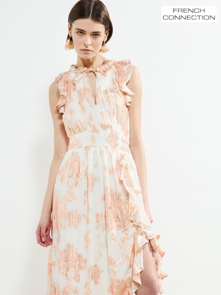French Connection Pink Elko Jaquard Flutted Midi Dress (W36131) | ₪654