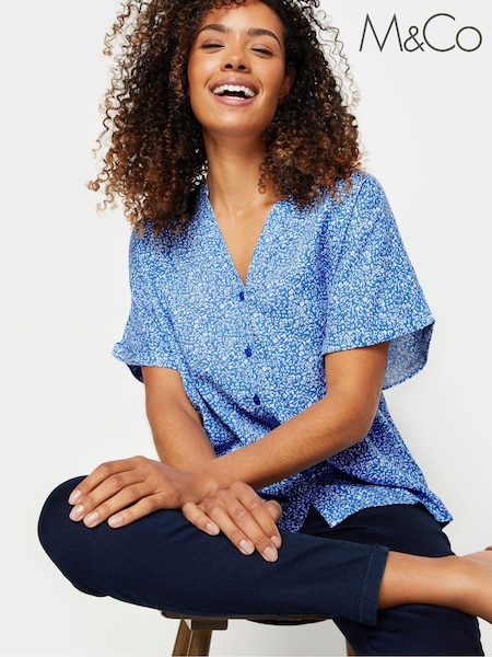 M&Co Blue Ditsy Floral Print Button Through Shirt (W36136) | €31