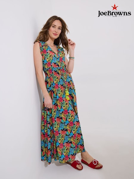 Joe Browns Black Tropical Print V-Neck Tassel Sleeveless Maxi Dress (W36150) | ₪352