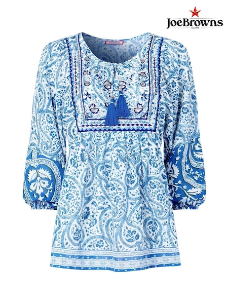 Joe Browns Blue 100% Cotton Embroidered Bib Balloon Sleeve Boho Top (W36166) | ₪277