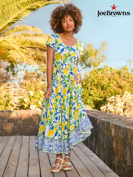 Joe Browns White Lemon Print Scoop Neck Crinkle 100% Cotton Dress (W36171) | kr928