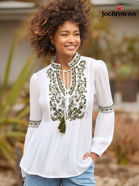 Joe Browns White Floral Embroidered Crinkle Top (W36181) | ₪251