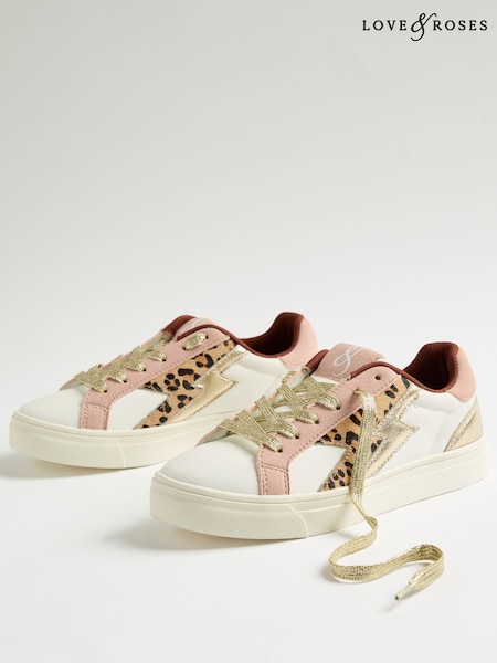 Love & Roses Pink Leopard White Flatform Mix Material Comfort Retro Low Top Trainers (W36261) | €62