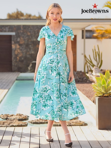 Joe Browns Blue Button Through Short Sleeve 100% Cotton Floral Dress (W36322) | €77
