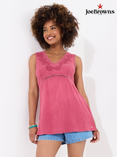 Joe Browns Pink Embroidered V-Neck 100% Cotton Sleeveless Top (W36326) | ₪226