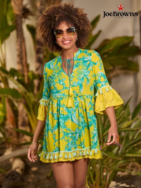 Joe Browns Yellow Boho Print Lace Sleeve Beaded 100% Cotton Tunic (W36333) | $96