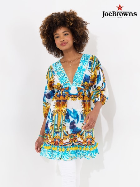 Joe Browns Blue Ship Print Pom-Pom 100% Cotton Trim Tunic (W36337) | ₪277