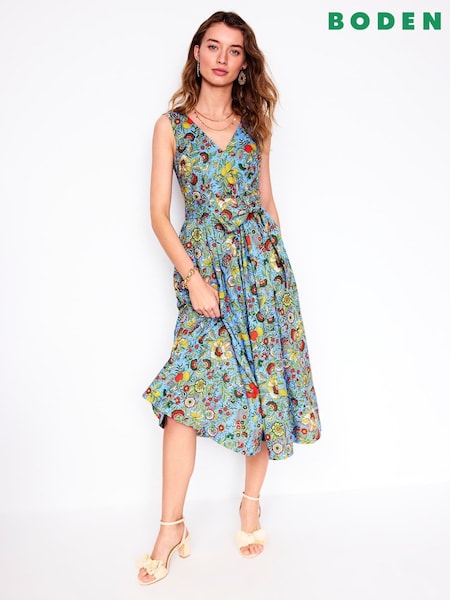 Boden Blue Josefina Belted Flare 100% Cotton Dress (W36400) | €202
