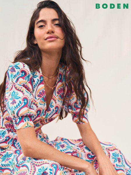 Boden Pink Bella Puff Sleeve 100% Cotton Maxi Dress (W36414) | $220