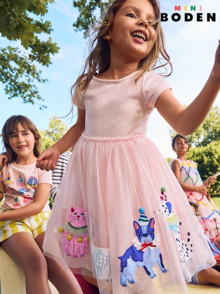 Boden Pink Ami Appliqué Tulle 100% Cotton Dress (W36441) | 193 QAR - 223 QAR