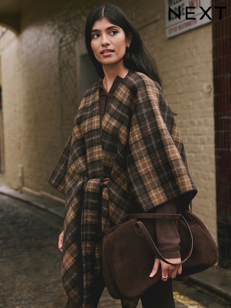 Brown Check Wrap Front Cape Poncho (W36470) | €76