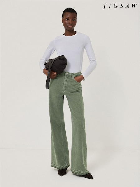 Jigsaw Green Finn Wide Leg 100% Cotton Jeans (W36490) | €184
