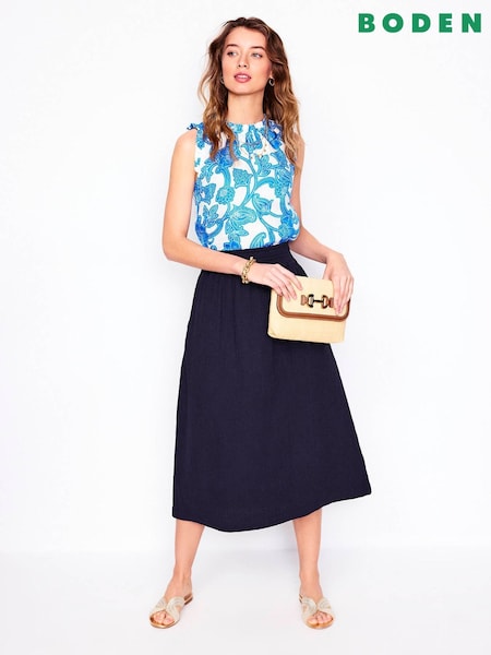 Boden Blue Doublecloth Smocked 100% Cotton Midi Skirt (W36532) | €101