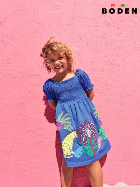 Boden Blue Clare Shirred 100% Cotton Appliqué Dress (W36535) | $61 - $68