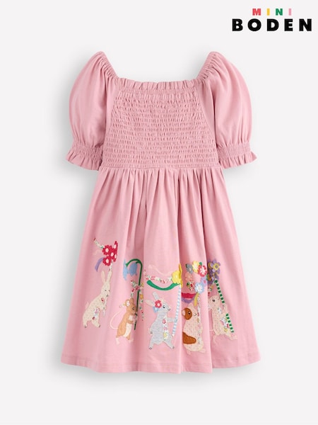 Boden Pink Clare Shirred 100% Cotton Appliqué Dress (W36559) | $61 - $68