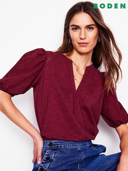 Boden Red Dolly Broderie 100% Cotton Top (W36587) | ₪282