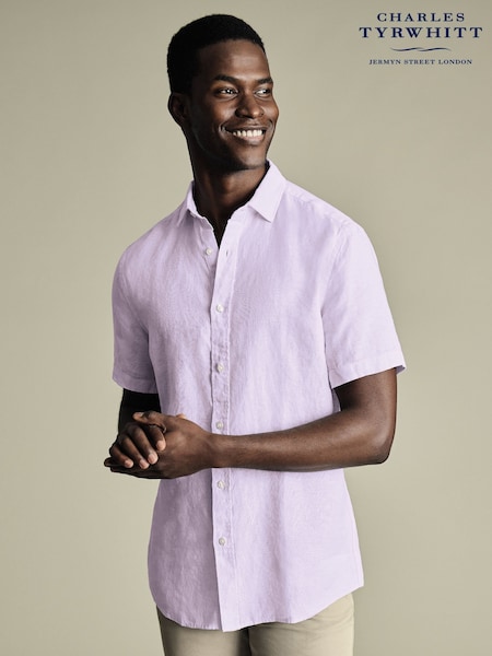 Charles Tyrwhitt Purple Slim Fit Slim Fit Plain Short Sleeve Pure 100% Linen Shirt (W36642) | €106