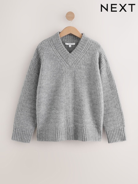 Grey Ribbed Longline V-Neck Jumper With Wool (W36689) | €45