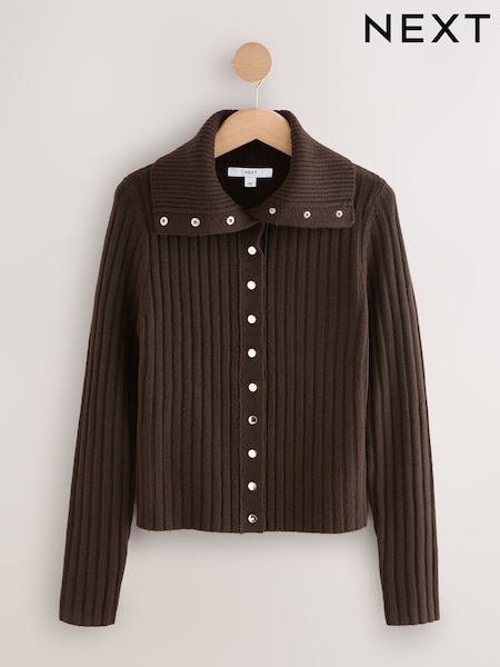 Chocolate Brown Gold Button Ribbed Collar Cardigan (W36867) | €38