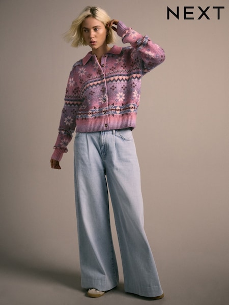 Pink/Purple Multi Space Dye Fairisle Pattern Collar Cardigan (W36893) | €51