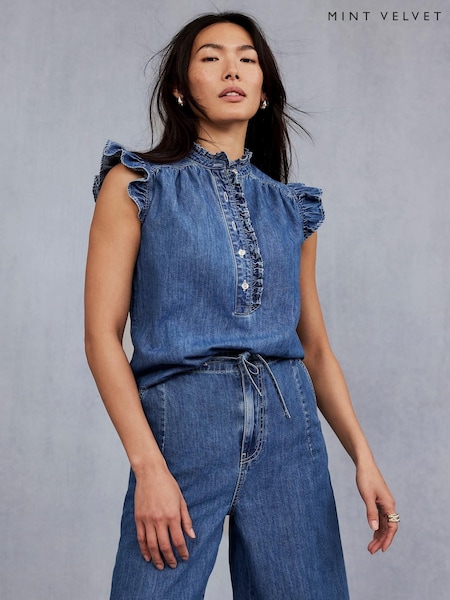Mint Velvet Wash Denim Ruffle 100% Cotton Blouse (W36958) | 588 LEI