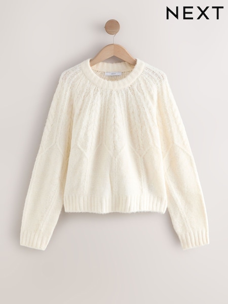 Ecru Cream Wool Blend Cable Knit Crew Neck Jumper (W36965) | €41