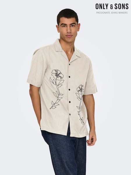 Only & Sons White Onsgali Relax Resort Short Sleeve Embroidery 100% Cotton Shirt (W36996) | R$ 295