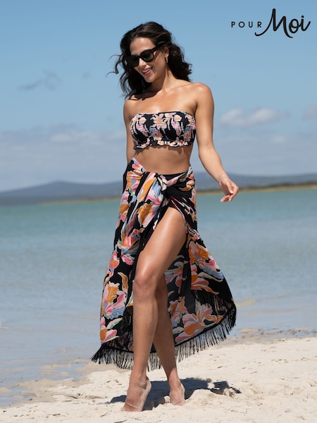 Pour Moi Black Floral Fringe Trim Crinkle Woven Multiway Sarong (W37298) | €40