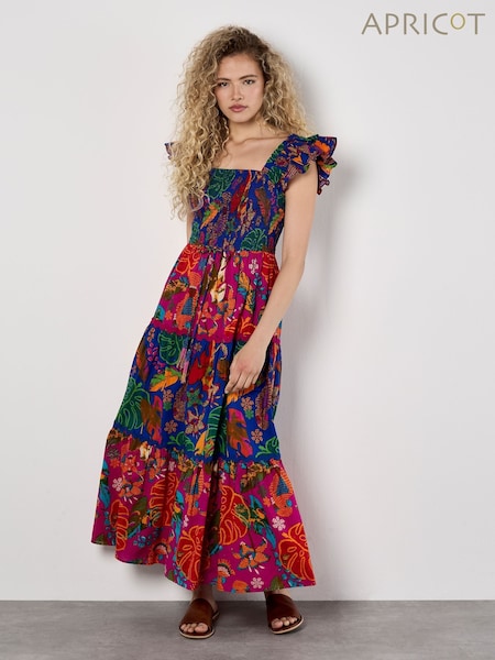 Apricot Blue Multi Tier Tropical Parrot Print 100% Cotton Dress (W37441) | €59