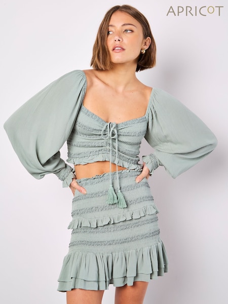 Apricot Green Smocked Tassel Crop Long Sleeve Blouses (W37450) | €44