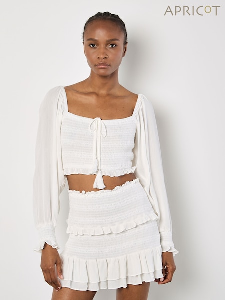 Apricot White Smocked Tassel Crop Long Sleeve Blouses (W37451) | €44