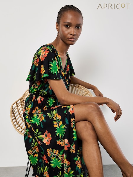 Apricot Black Graphic Print Tropical Wrap Maxi Dress (W37452) | €63