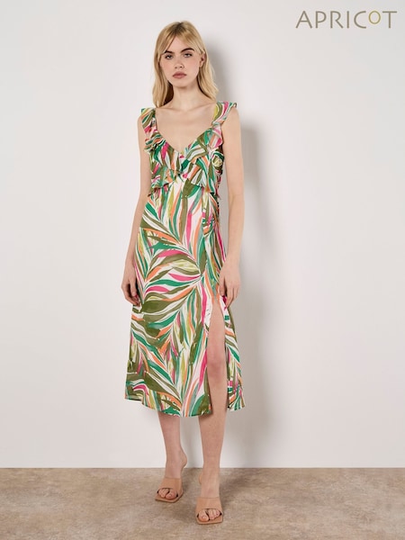 Apricot Green Palm Print Ruffle Midi Dress (W37453) | €59