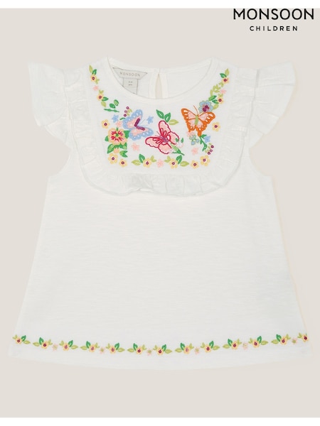 Monsoon White Embroidered Yoke Butterfly 100% Cotton T-Shirt (W37504) | ₪80 - ₪101