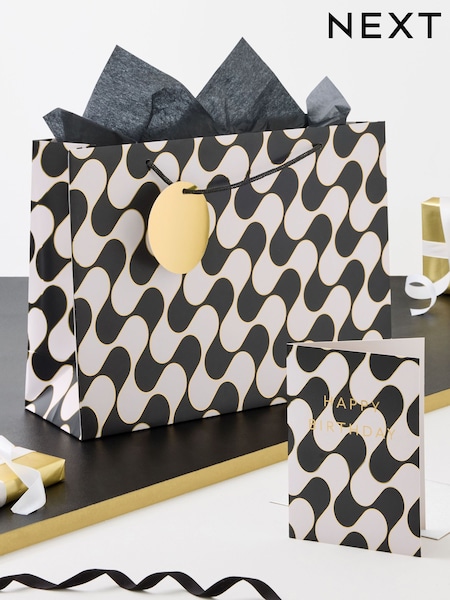 Blue/White Geometric Birthday Gift Bag and Card Set (W37522) | AED19