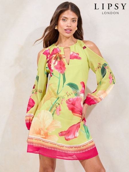 Lipsy Green Floral Cold Shoulder Mini Shift Dress (W37536) | €84