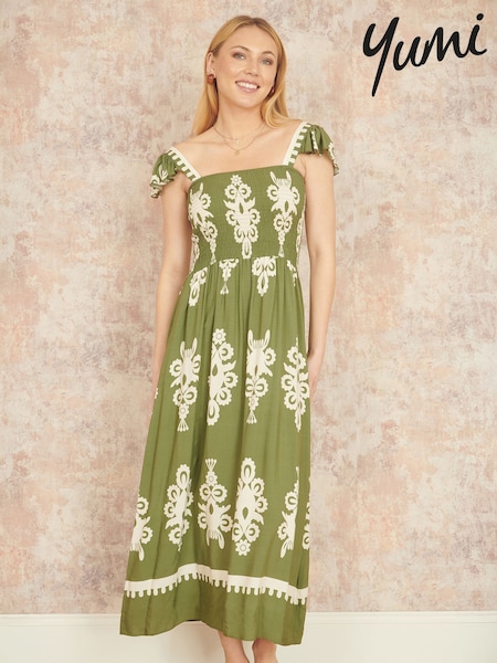 Yumi Green Block Print Ruched Maxi Dress (W37550) | €72