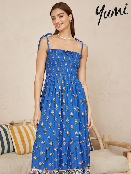 Yumi Blue Strappy Paisley Print Midi Dress With Ruched Bodice (W37552) | €63