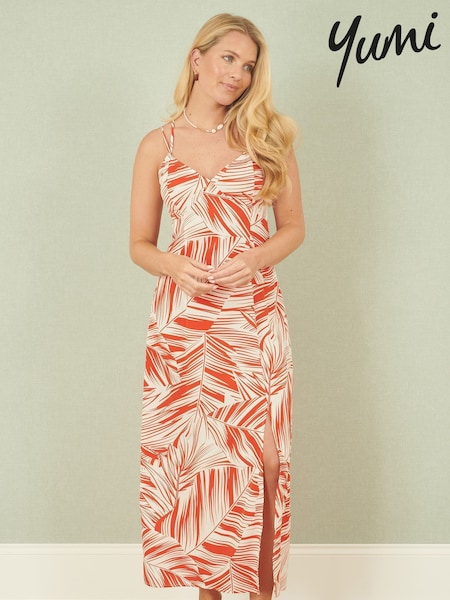 Yumi Orange Leaf Print Maxi Dress With Cross Back (W37557) | ₪251