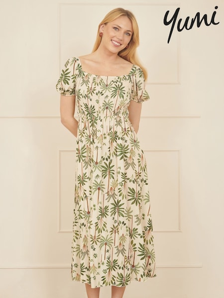 Yumi Natural Cotton Palm Print Ruched Midi Dress (W37558) | €69