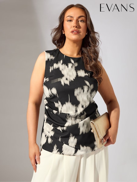 Evans Blurred Floral Ruched Side Black Top (W37561) | R$ 385