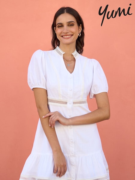 Yumi White Cotton Lace Trim Skater Shirt Dress (W37565) | €80