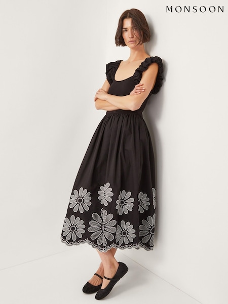 Monsoon Black Ella Frill Floral Embroidered Midi Dress (W37572) | $149
