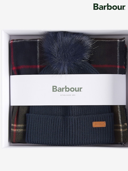 Barbour Green Tartan Dover Pom Beanie Hat & Scarf Gift Box Set (W37777) | €69