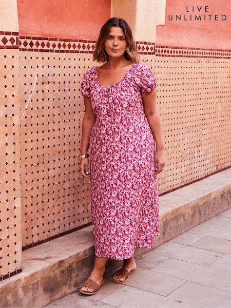 Live Unlimited Pink Floral Gathered Neck Midi Dress (W38055) | €113