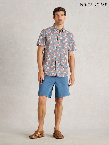 White Stuff Blue 100% Organic Cotton Floral Stamp Short Sleeve Printed Shirt (W38230) | €64