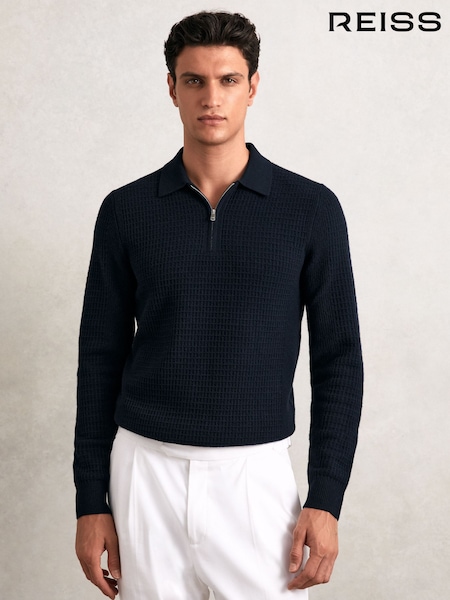 Reiss Navy Hamilton Wool Waffle-Knit Half-Zip Polo Shirt (W38457) | €170