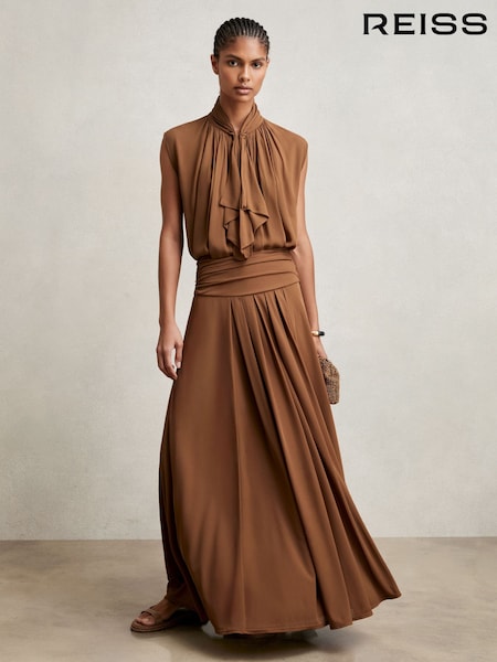 Reiss Tan Brown Saffron Jersey Ruched-Waist Maxi Skirt (W38462) | €225