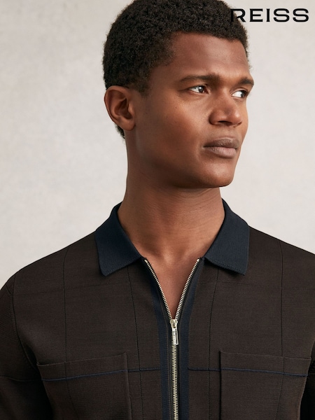 Reiss Chocolate Brown/Navy Blue Baxter Compact-Knit Tipped Zip-Through Shirt (W38465) | €203